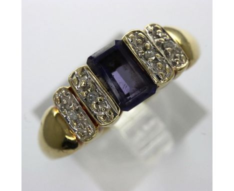 9ct gold Art Deco style ring set with amethyst and diamonds, size Q, 3.1g. UK P&amp;P Group 1 (£16+VAT for the first lot and 