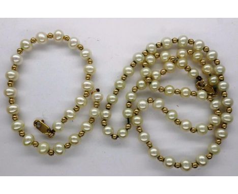 Pearl necklace and bracelet set with 9ct gold clasps and gold spacers, largest L: 40 cm. UK P&amp;P Group 0 (£6+VAT for the f