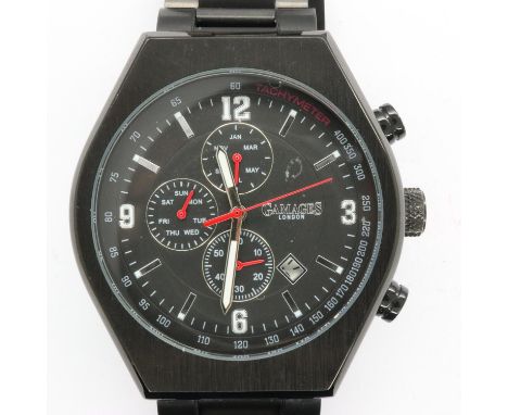 GAMAGES: gents automatic limited edition wristwatch with black dial, three subsidiary dials and date aperture on a black stai