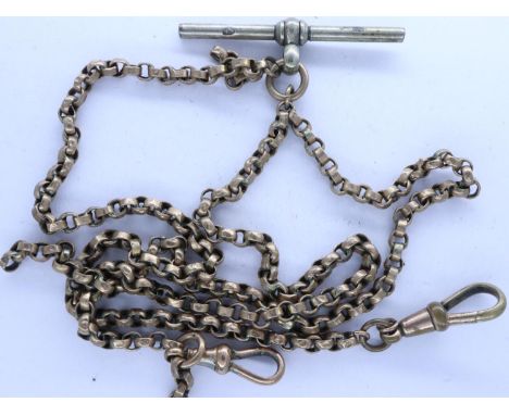 Yellow metal double Albert watch chain with T bar, L: 41 cm, damaged. UK P&amp;P Group 1 (£16+VAT for the first lot and £2+VA