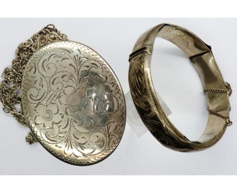Hallmarked silver pendant locket on a white metal chain and a hallmarked silver damaged bangle. 41g. UK P&amp;P Group 1 (£16+