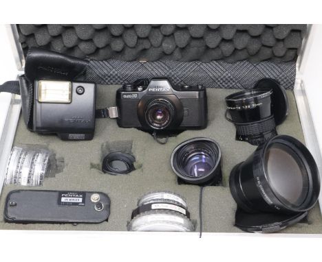 Pentax Auto 110 camera with 1:2.8 24mm, 1:2.8 50mm &amp; 1:2.8 70mm lenses, together with a 1.5x teleconverter, Flash, macro 