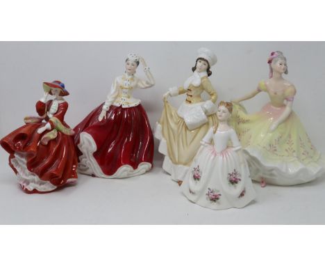 Five Royal Doulton figurines including Gail HN2937, no cracks or chips, largest H: 21 cm. UK P&amp;P Group 2 (£20+VAT for the