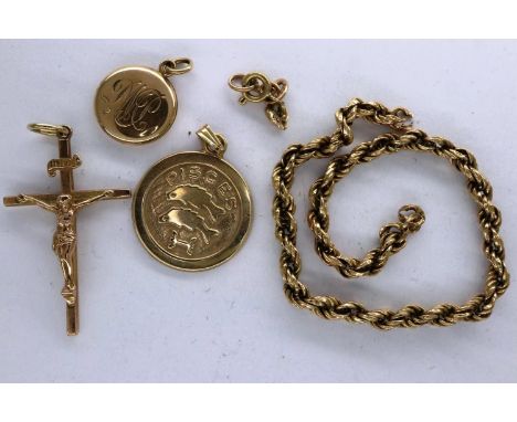 Mixed 9ct gold scrap and an unmarked crucifix pendant, combined 6.0g. UK P&amp;P Group 1 (£16+VAT for the first lot and £2+VA