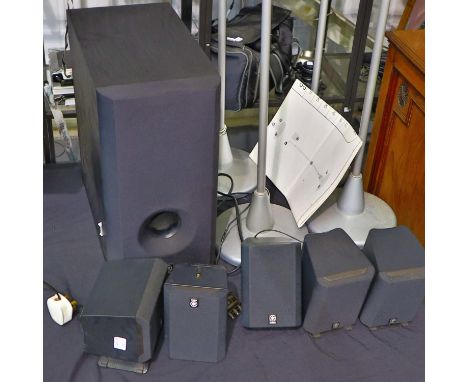 Yamaha speaker model SWP201 with five smaller speakers and four stands. Not available for in-house P&amp;P 