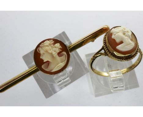 9ct gold cameo ring and brooch, ring size P, 4.5g. UK P&amp;P Group 1 (£16+VAT for the first lot and £2+VAT for subsequent lo