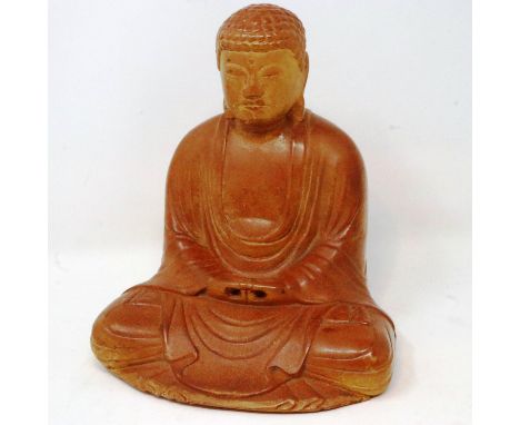 19th century salt glazed seated Buddha, H: 19 cm. UK P&amp;P Group 2 (£20+VAT for the first lot and £4+VAT for subsequent lot