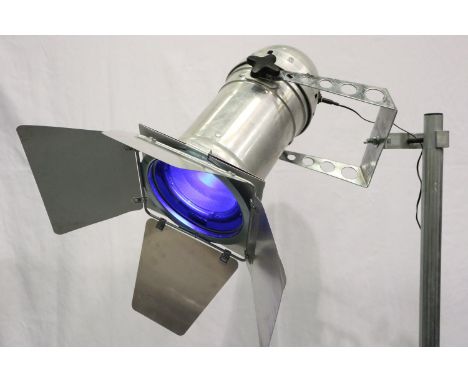 Tall adjustable standard lamp converted from a large aluminium stage light, with barn doors and filter, H: 180 cm, working at