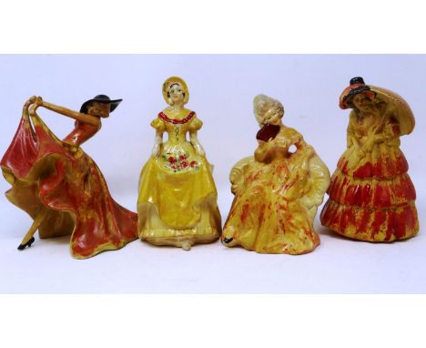 Four Wade cellulose figurines, Pompadour 4, Sunshine 4, Junette 1 and another, all with normal losses associated with these f