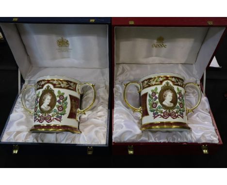 Two large Spode Queen Mother twin handled mugs, limited edition 179 and 181/500, no chips or cracks, boxed. Not available for