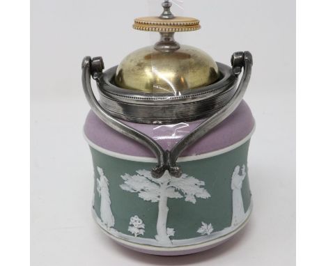 Wedgwood tri coloured Victorian jam pot, signs of age throughout, H: 15 cm. UK P&amp;P Group 1 (£16+VAT for the first lot and