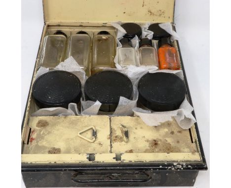 Medical/apothecary bottles and pots in a metal case. UK P&amp;P Group 2 (£20+VAT for the first lot and £4+VAT for subsequent 