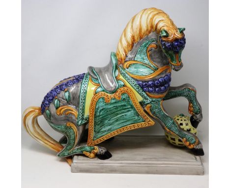 Large Italian hand painted ceramic horse, flea bites to ears, no cracks or chips, H: 45cm. Not available for in-house P&amp;P
