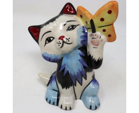 Lorna Bailey butterfly cat, no cracks or chips, H: 12 cm. UK P&amp;P Group 1 (£16+VAT for the first lot and £2+VAT for subseq