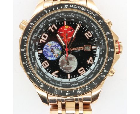 GAMAGES: gents automatic limited edition astronomer wristwatch with black dial, three subsidiary dials and date aperture on a