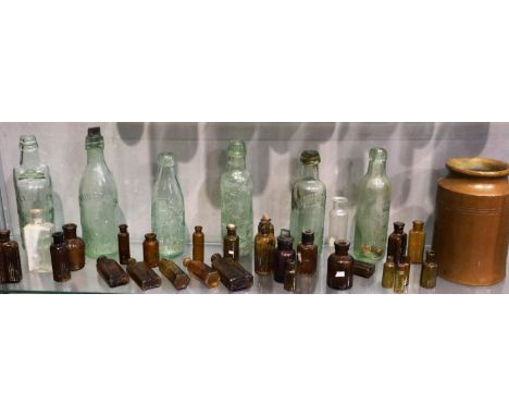 Six codd bottles, all from local breweries, together with a quantity of brown glass poison bottles and apothecary bottles. UK