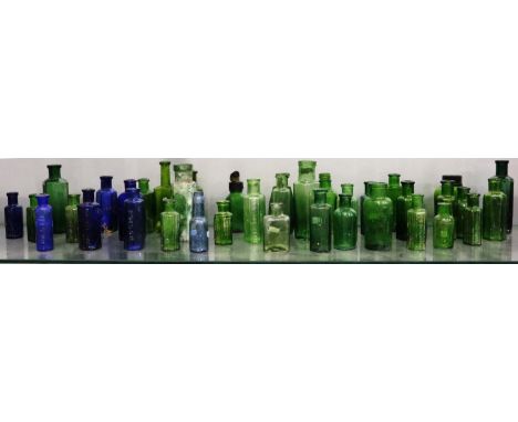 Extensive collection of coloured glass poison bottles including Bristol blue, green and clear (38). UK P&amp;P Group 3 (£30+V