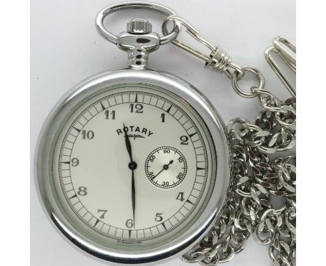 Rotary quartz pocket watch with subsidiary seconds dial, chain and paperwork, boxed, requires battery. UK P&amp;P Group 1 (£1