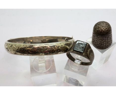 Charles Horner heavy gauge hallmarked silver thimble, snap bangle and haematite set sterling silver intaglio ring, combined 3