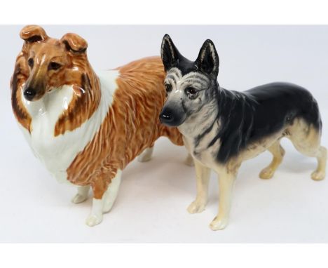 Two Beswick dogs, Collie and German Shepherd, no cracks or chips, largest H: 15 cm. UK P&amp;P Group 2 (£20+VAT for the first