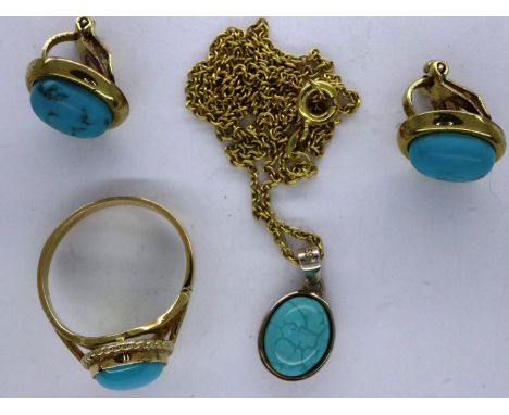 9ct gold turquoise set ring with matching base metal earrings and pendant necklace, ring size O, chain L: 40 cm, 2.5g. UK P&a