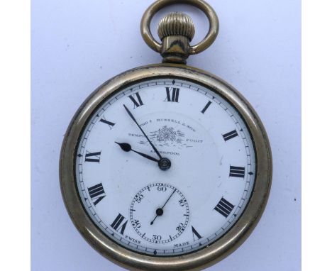 Thomas Russell and Son gold plated crown wind pocket watch, working at lotting. UK P&amp;P Group 1 (£16+VAT for the first lot