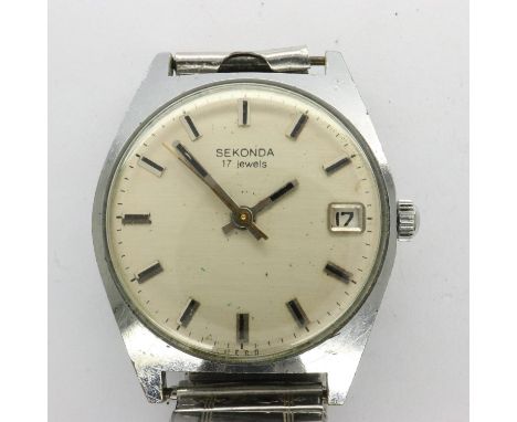 SEKONDA: gents 17 jewels vintage automatic wristwatch with date aperture on an expanding stainless steel bracelet, boxed, wor