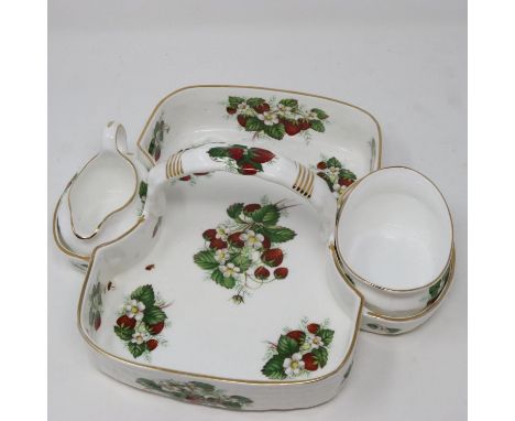 Hammersley ceramic strawberry basket with creamer and sugar bowl, wear to gilt and flea bites to rim, L: 31 cm. UK P&amp;P Gr