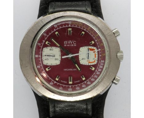 Buttes Watch Company (BWC): gents manual wind chronograph, steel cased and on a leather trench strap, working at lotting. UK 