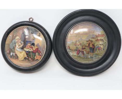 Two framed Prattware pot lids, D: 17 cm. UK P&amp;P Group 2 (£20+VAT for the first lot and £4+VAT for subsequent lots) 