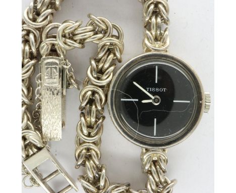 TISSOT: 925 silver ladies wristwatch with black dial on a silver bracelet with safety chain with box &amp; papers, working at