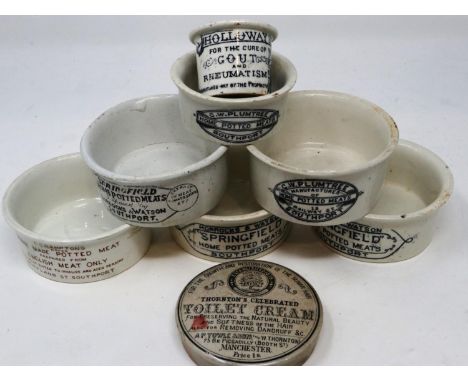 Mixed early 20th century ceramic advertising pots, cracks to rims of several pots and signs of age, largest D: 90 mm. UK P&am