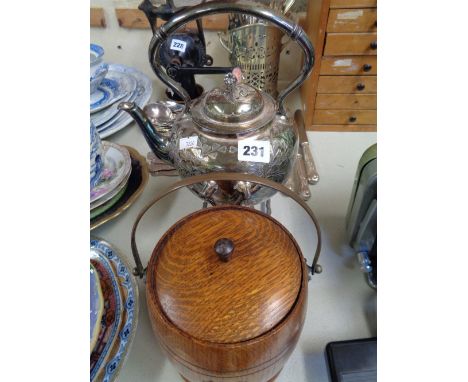 Trurox of Sheffield Silverplated spirit Kettle with clover decoration and a 1930s Oak Ice Bucket