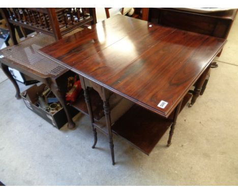 19thC Rosewood Drop Leaf Sutherland table with folding under tier, Carved and turned splayed legs