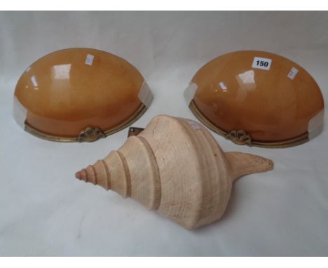 Pair of Art Deco Amber opaque glass wall lights with brass shell decoration and a Conch Shell wall light