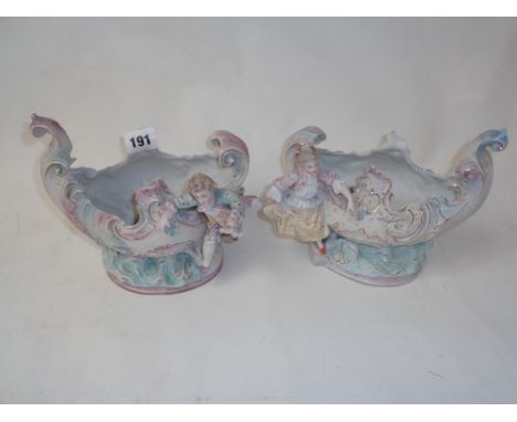 Pr. Of European bisque figural decorated flower vases with gilded anchor decoration