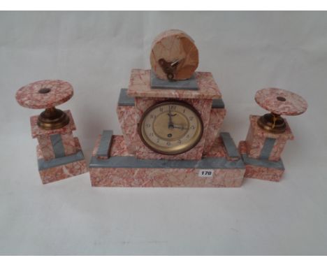 1930s Art Deco coloured veined marble mantle clock with garnitures