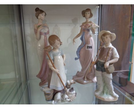 Collection of 4 Lladro figurines of 2 Women, Boy with Fishing Rod and a Girls with Mop