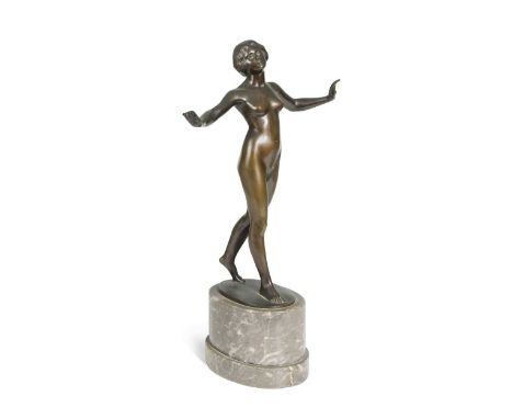 After Eugen Wagner (1871-1942), Striding Nude,  a bronze model of a striding woman with arms outstretched, mounted to a stepp