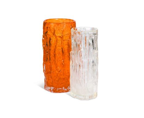 Geoffrey Baxter for Whitefriars, a large tangerine bark vase, of cylindrical form 22.5cm high; together with another clear gl