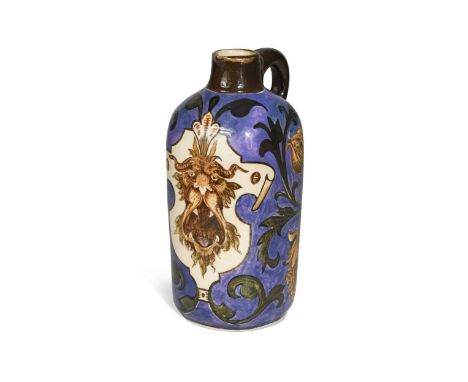 Robert Wallace Martin for the Martin Brothers, a stoneware flask, the square-section body painted with a grotesque animal mas