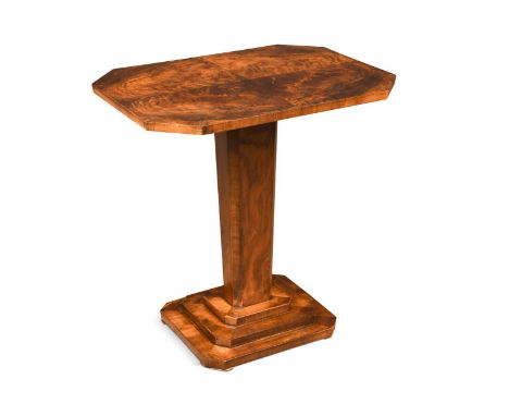 An Art Deco walnut lamp table,  the canted rectangular top on tapering column and stepped plinth base58 x 56 x 42cmSome fine 