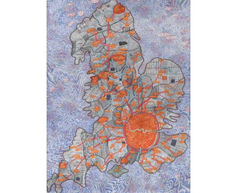 § Sir Grayson Perry CBE, RA (1960-), an 'Art Club' silk scarf, printed with a map of England design, framed136 x 54cm