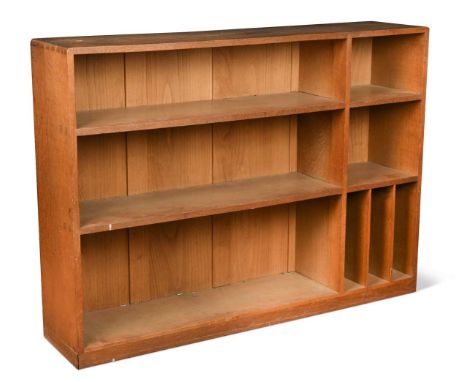 Stanley Webb Davies (1894–1978), an oak bookcase,  of rectangular form with an arrangement of open shelves and pigeon holes, 