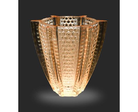 Rayons, a modern Lalique amber glass vase, the glass body with six fields moulded in relief with a repeating honeycomb design