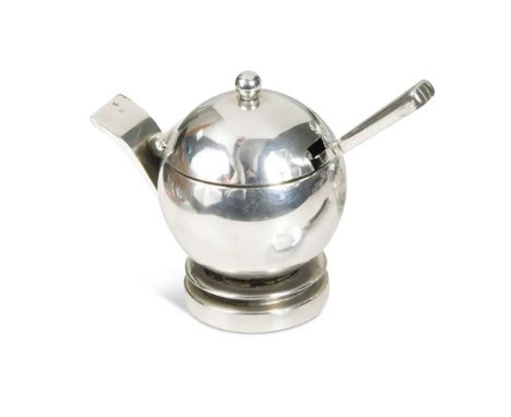Harald Nielsen for Georg Jensen (1866-1935), a silver mustard and spoon, pattern no.632, the spherical lidded mustard with hi