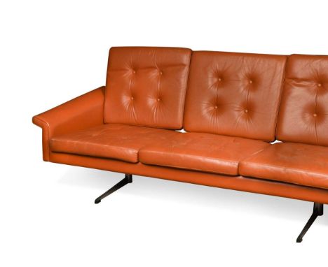 A Danish three-seat leather sofa,  the red/brown leather on ski leg supports73 x 186 x 70cmLeather worn in places and a butto