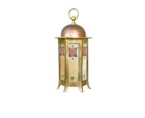 An Arts &amp; Crafts Glasgow School copper and brass hall lantern,  the domed top above a hexagonal body containing six colou