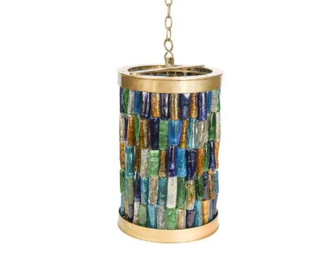 A brass and coloured glass hall lantern, circa 1900, with repeating bands of polychrome glass cylindrical beads25 x 17cm