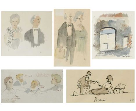 § Sir Hugh Casson CH, KCVO, PRA, RDI A group of five signed watercolours, to include:Founder Members, 13 x 8.5cm; The Connois